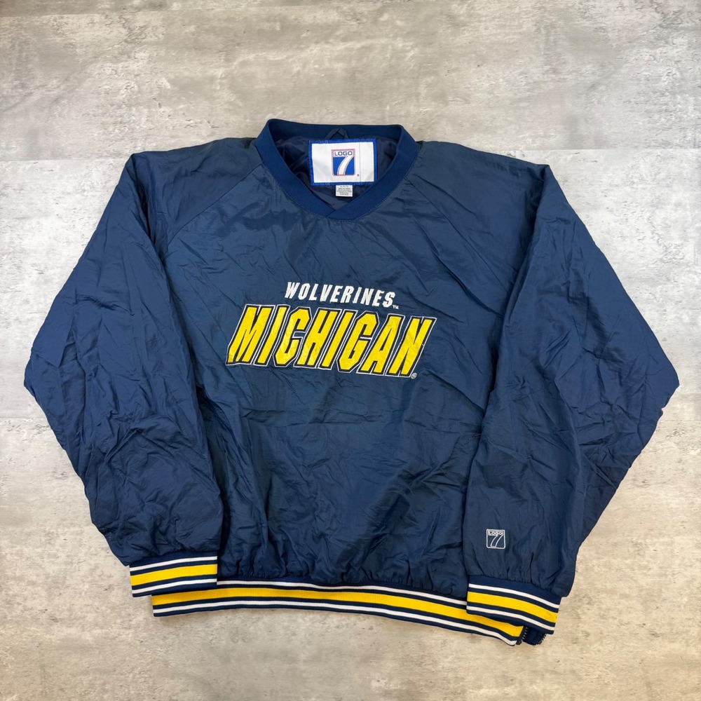 Vintage Logo 7 Michigan Wolverines Windbreaker Pullover Navy Blue Mens XL